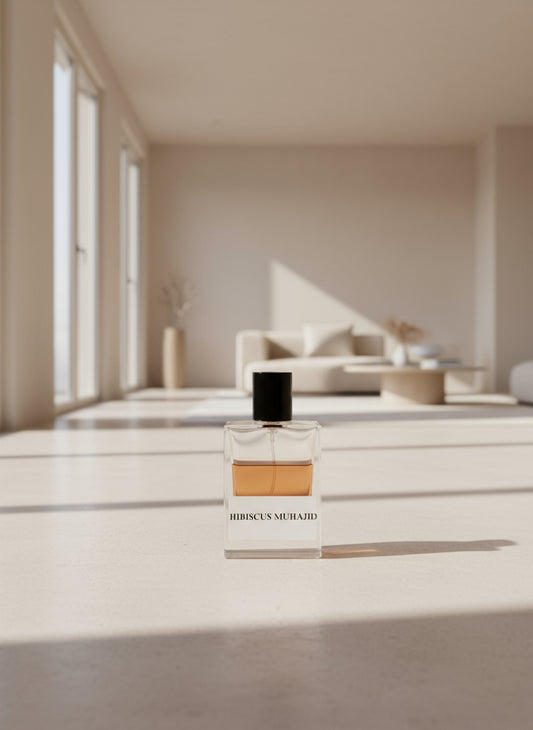 Perfume bottle labeled 'Hibiscus Muhajid' with a textured gray background
